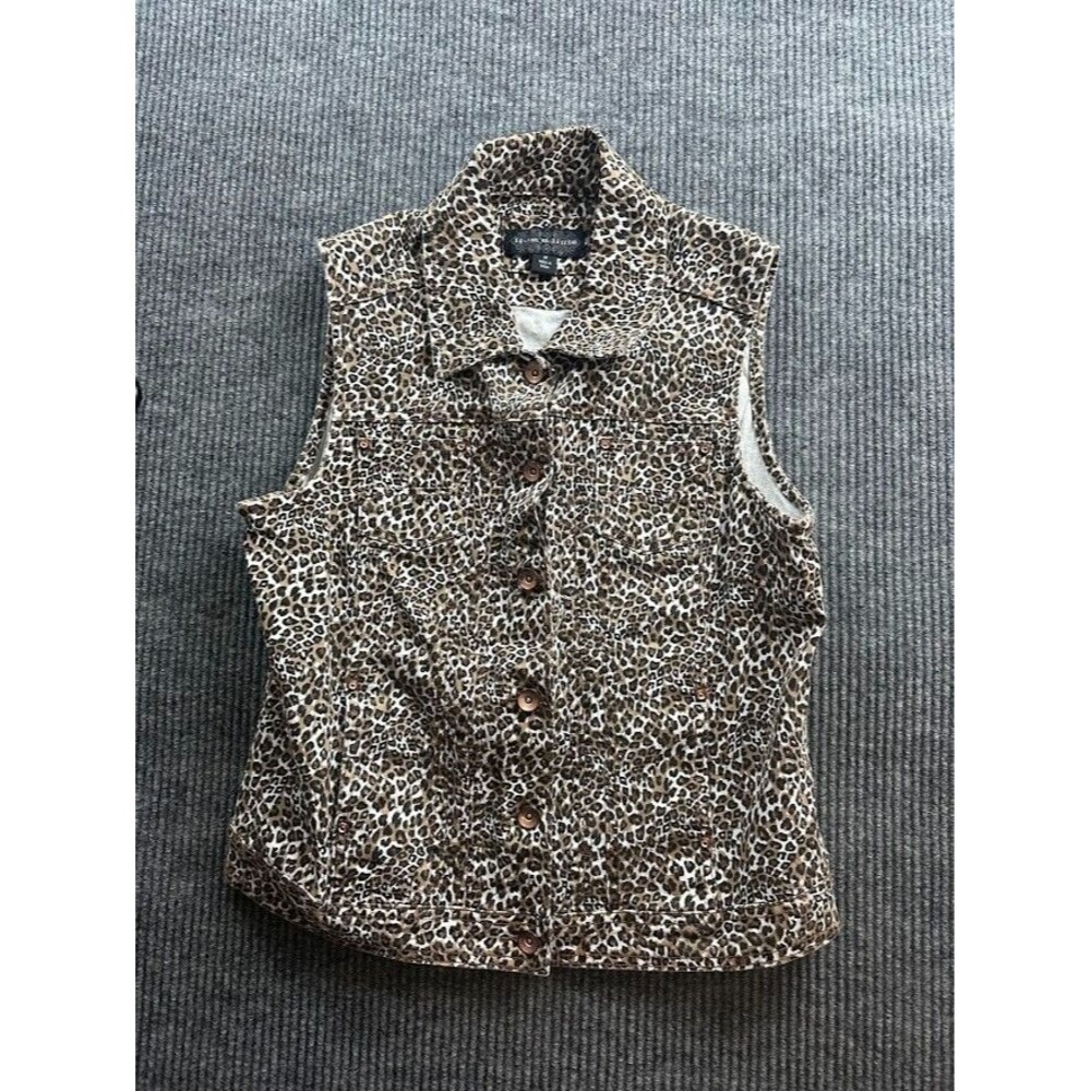 Women’s Leopard Print Sleeveless Denim Vest Button Front Jacket Size M